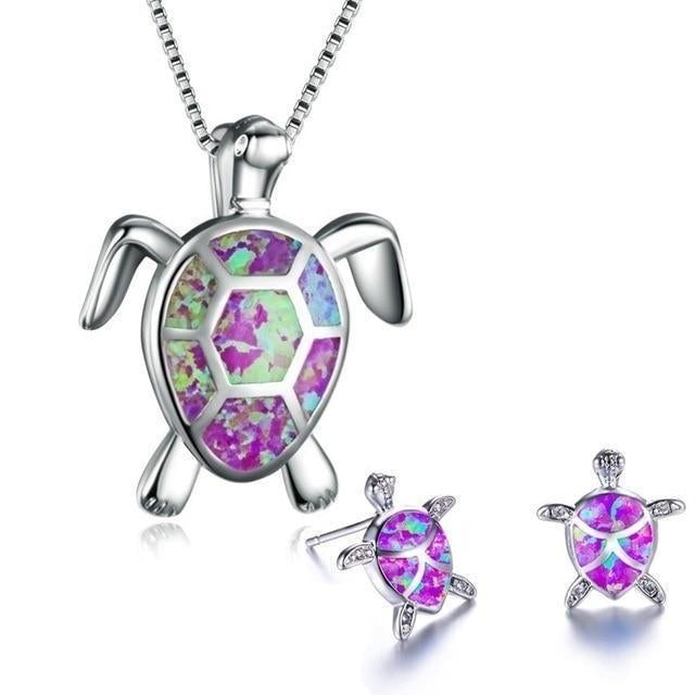 Silver Sea Turtle Necklace and Earring Set - Marinella-Purple-State of Style