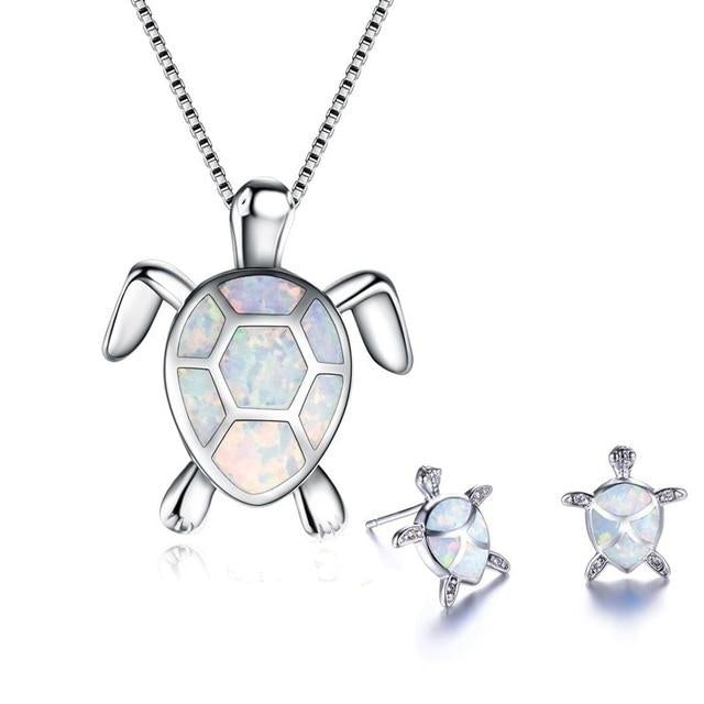 Silver Sea Turtle Necklace and Earring Set - Marinella-White-State of Style