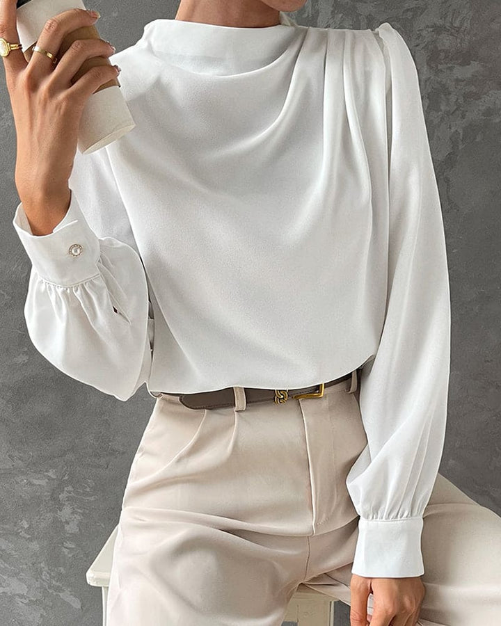 Sleek Blouse with Ruffled and High Collar - Isabella-White-S-State of Style