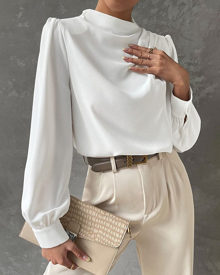 Sleek Blouse with Ruffled and High Collar - Isabella-White-S-State of Style