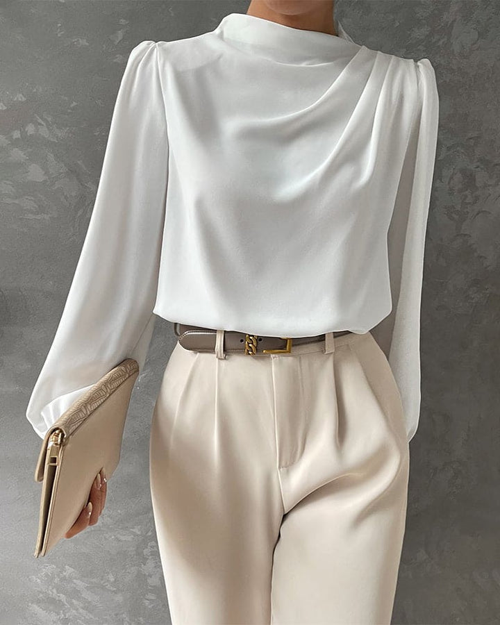 Sleek Blouse with Ruffled and High Collar - Isabella-White-S-State of Style
