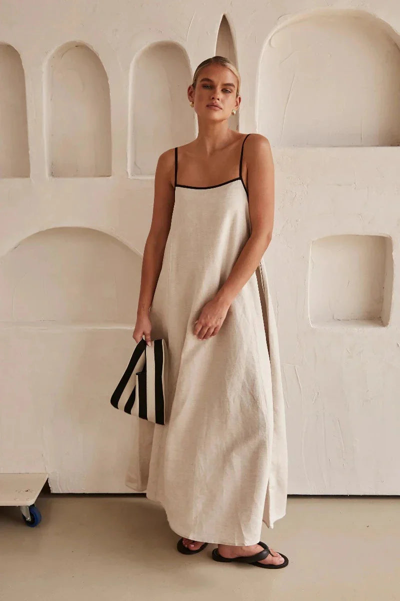 Sleeveless Beige Boho Maxi Dress in Linen Look – Elin-S-State of Style