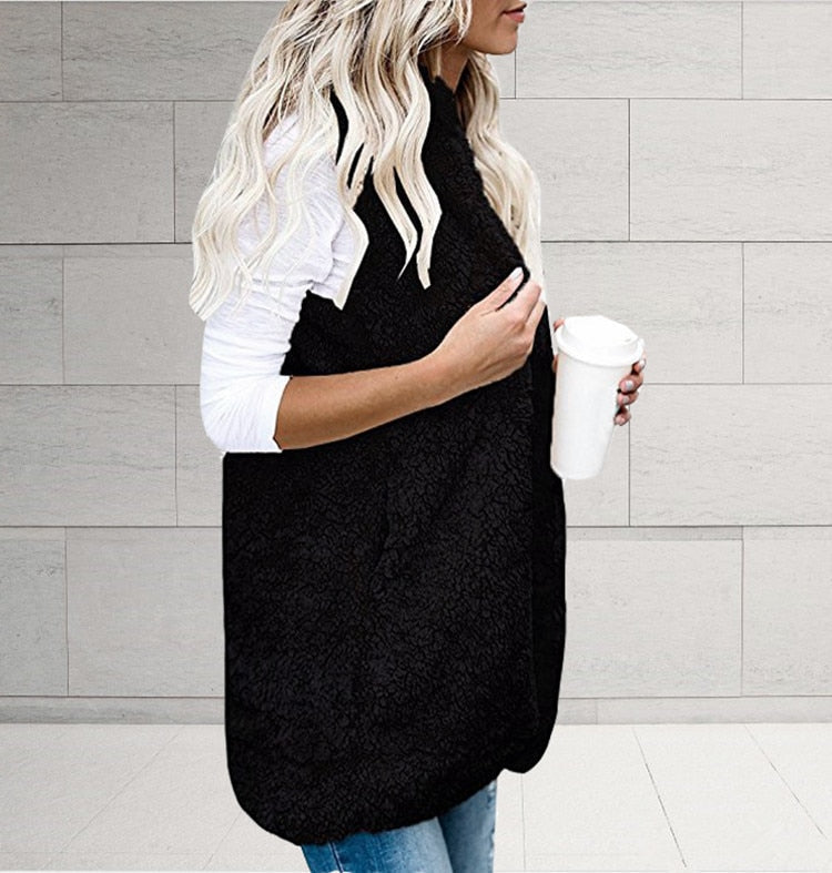 Sleeveless Knit Cardigan with Plush Hood-Black-S-State of Style
