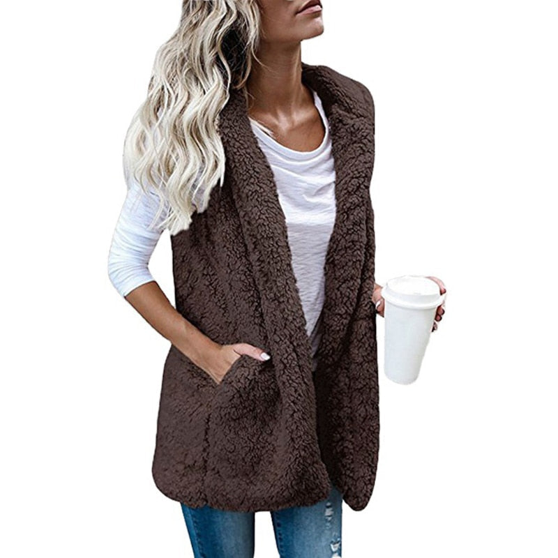 Sleeveless Knit Cardigan with Plush Hood-Chestnut Brown-S-State of Style