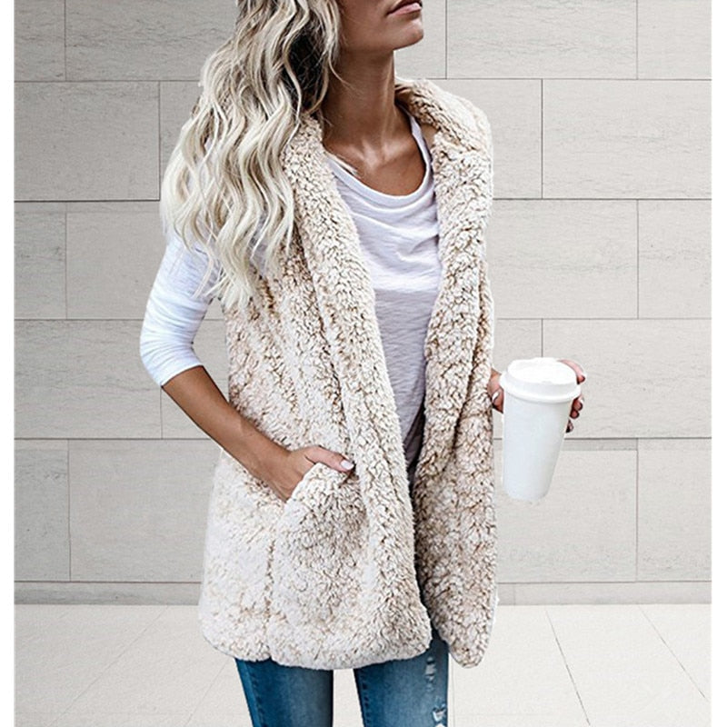 Sleeveless Knit Cardigan with Plush Hood-Cream-S-State of Style