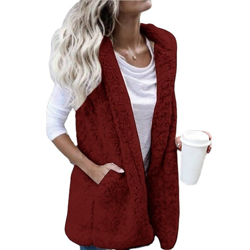 Sleeveless Knit Cardigan with Plush Hood-Red-S-State of Style