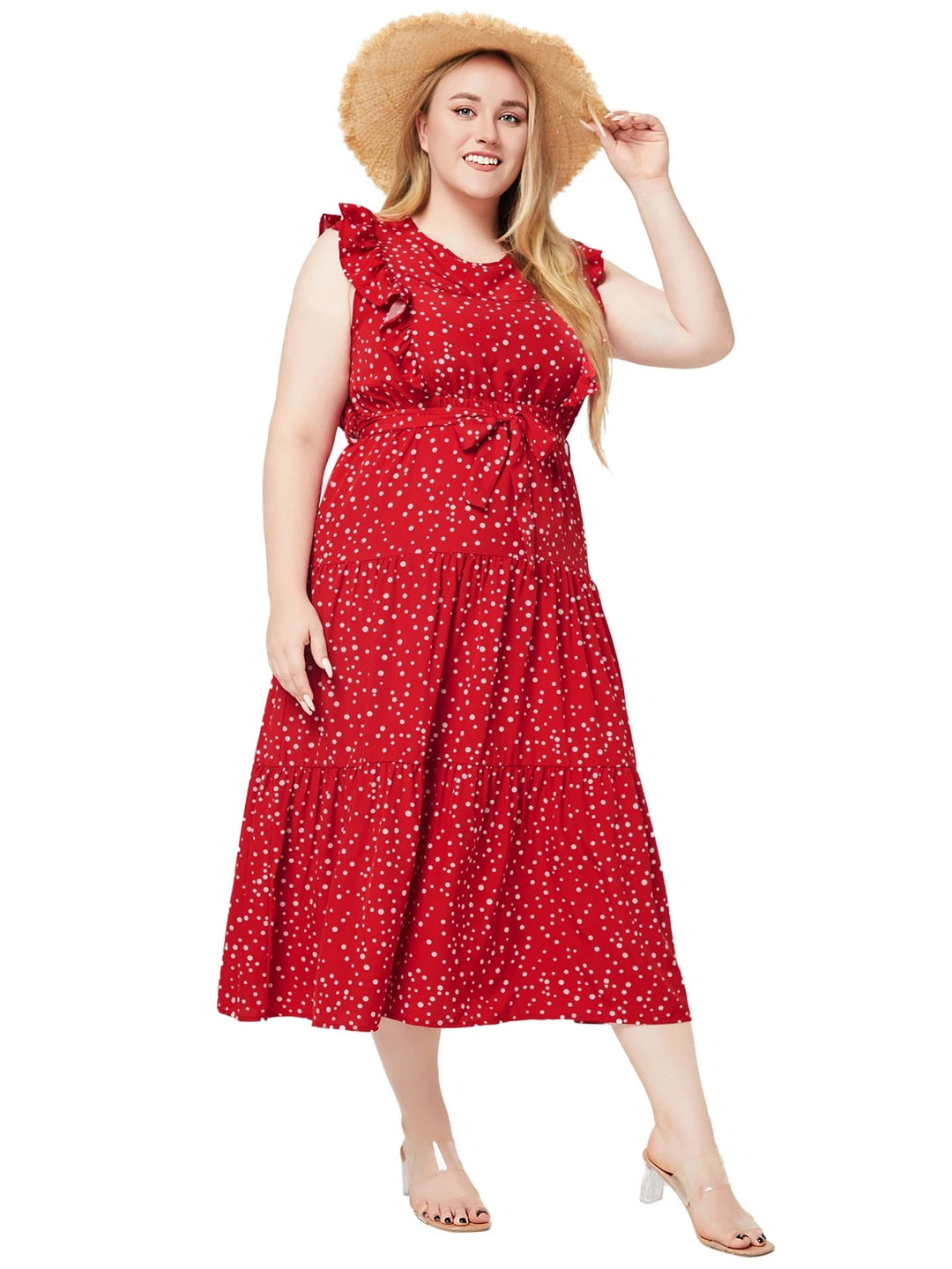 Sleeveless Polka Dot Summer Dress in Plus Size-Red-2XL-State of Style