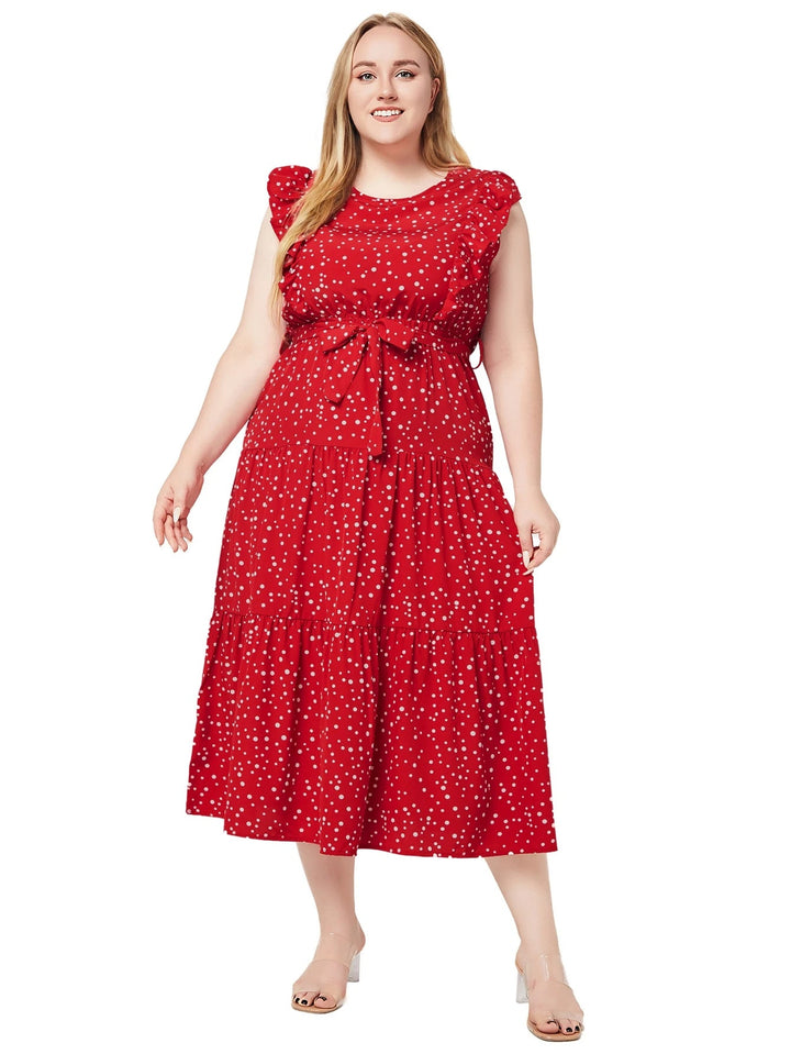 Sleeveless Polka Dot Summer Dress in Plus Size-Red-2XL-State of Style