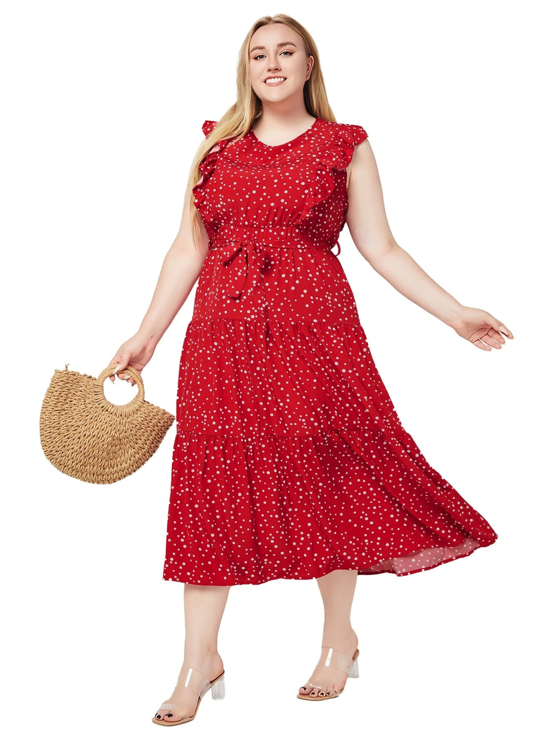 Sleeveless Polka Dot Summer Dress in Plus Size-Red-2XL-State of Style