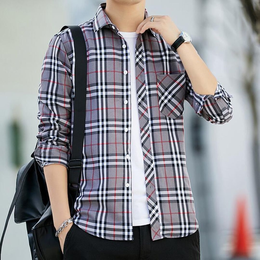 Slim-Fit Checked Shirt Reiner – Cotton & Wool Blend for Comfort-Dark Grey-M-State of Style