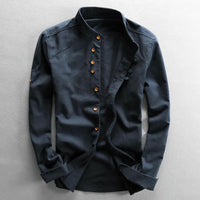 Slim-Fit Cotton-Linen Shirt Benedict – Classic Stand-Up Collar-Navy Blue-L-State of Style