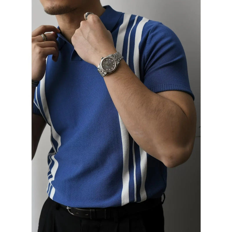 Slim Fit Men's Polo Shirt with Zip – Fabrizio-Blue Striped-S-State of Style