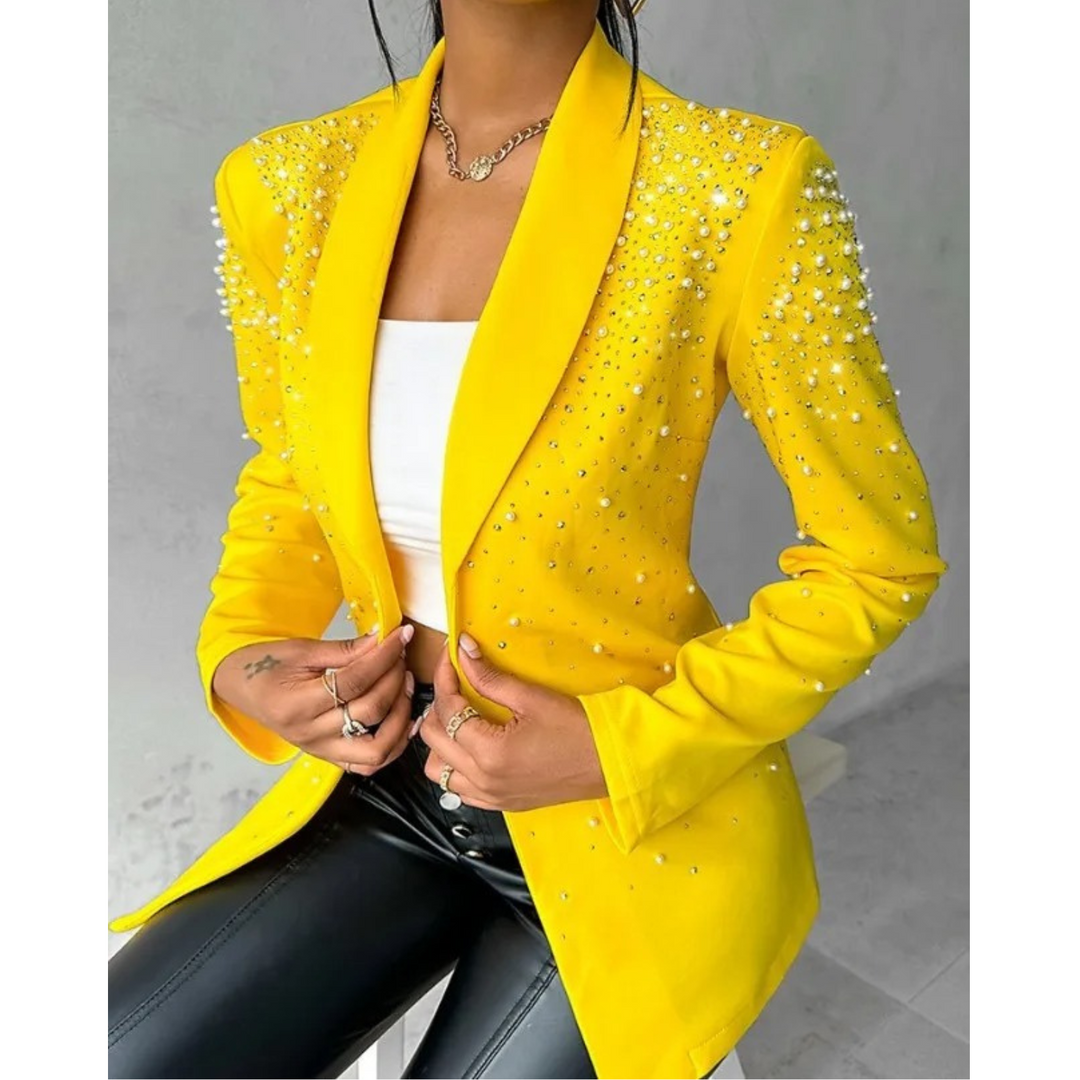 Slim Ladies Blazer with Pearl Details - Amara-Yellow-S-State of Style