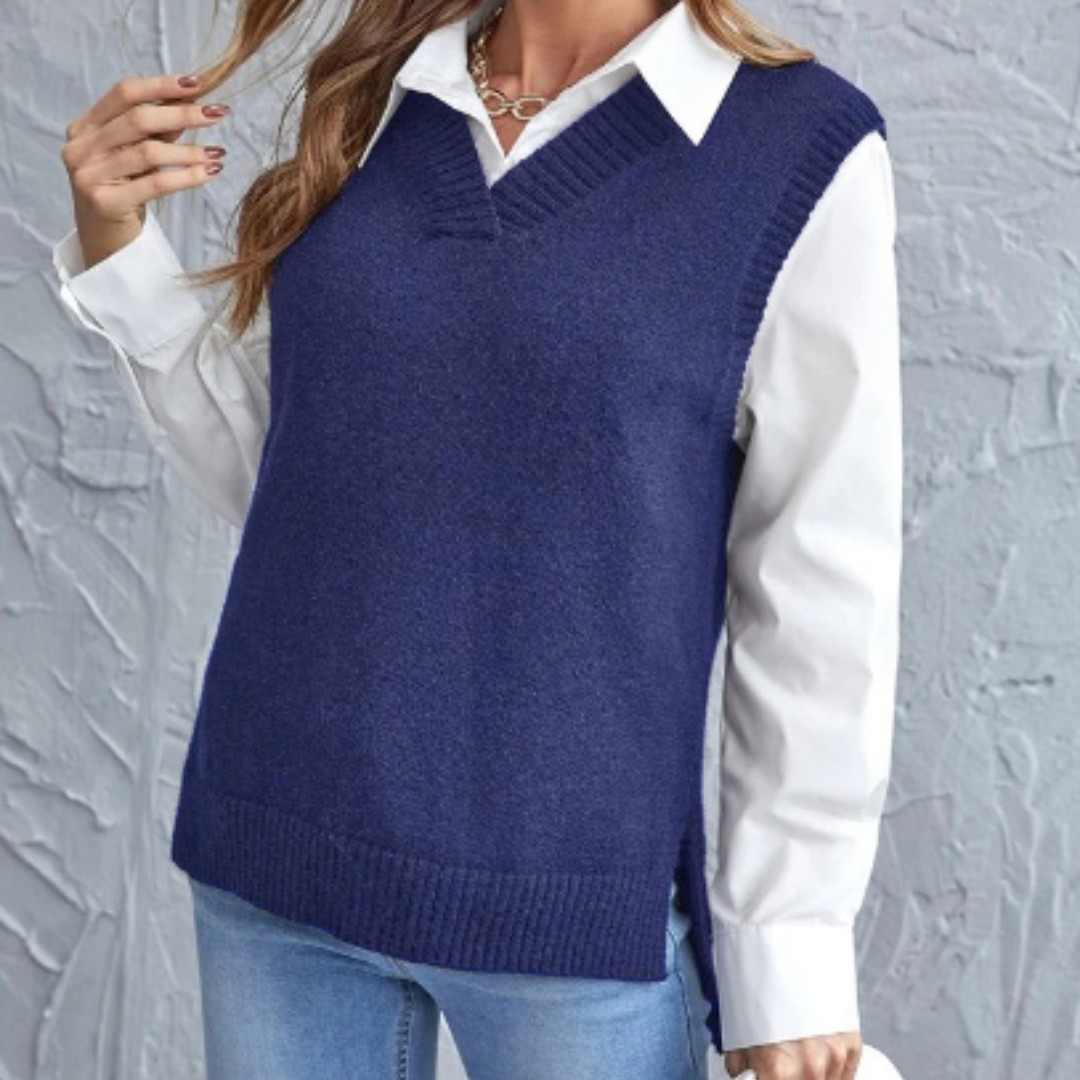 Soft Knitted Vest with V-Neck - Faye-Blue-S-State of Style