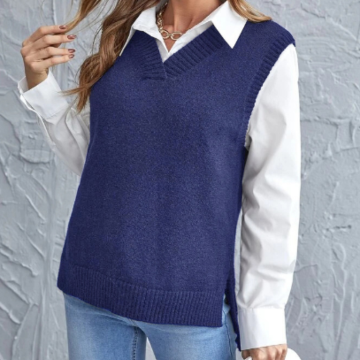 Soft Knitted Vest with V-Neck - Faye-Blue-S-State of Style