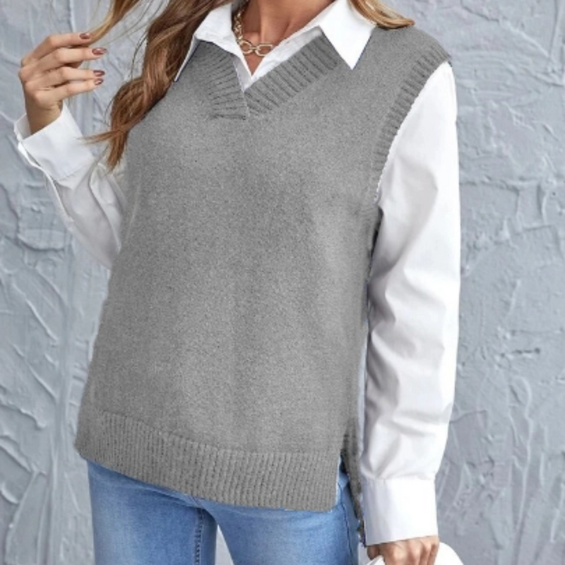 Soft Knitted Vest with V-Neck - Faye-Grey-S-State of Style