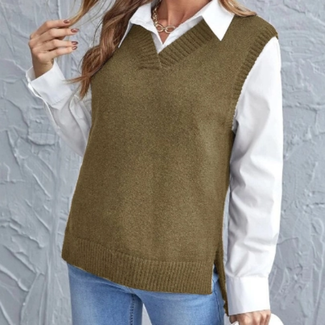 Soft Knitted Vest with V-Neck - Faye-Khaki-S-State of Style