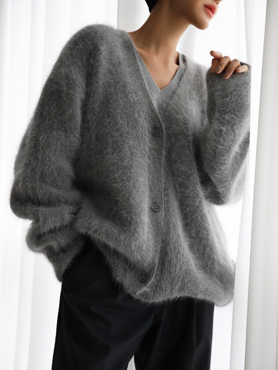 Soft Knitted Women's Cardigan with V-Neck - Sophie-Dark Gray-S-State of Style