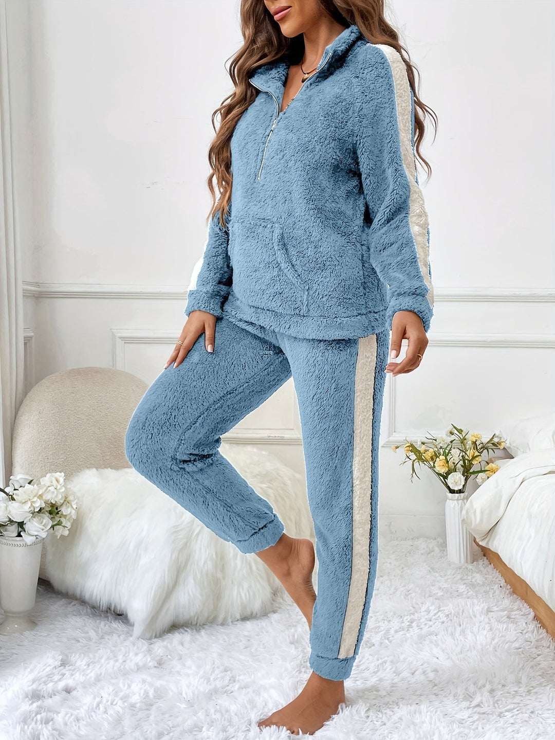 Soft Plush Lounge Pyjama Set with Colour Accents - Lyra-Light Blue-S-State of Style