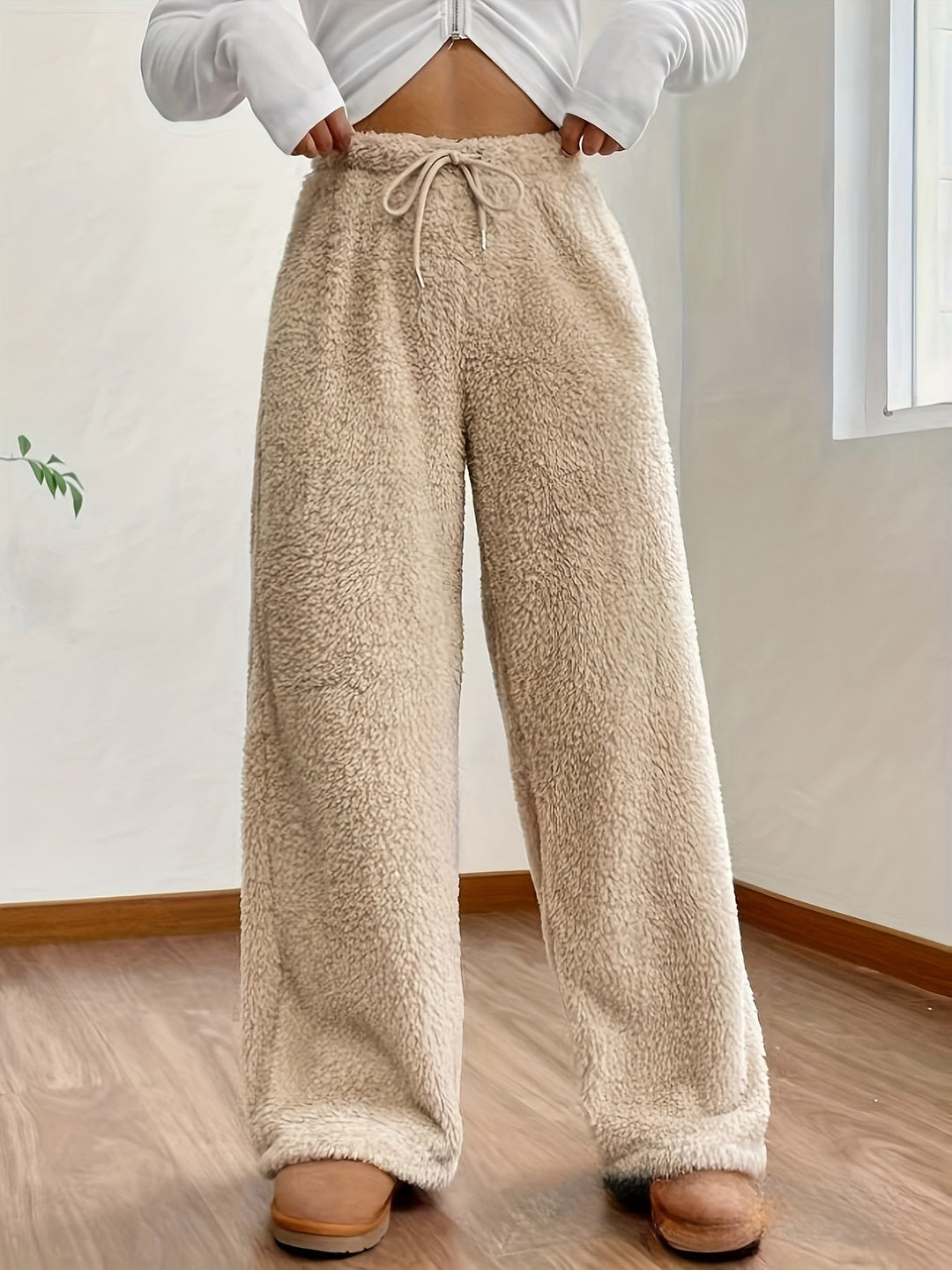 Soft Teddy Sherpa Lounge Pants for Ladies – Noémie-Beige-S-State of Style