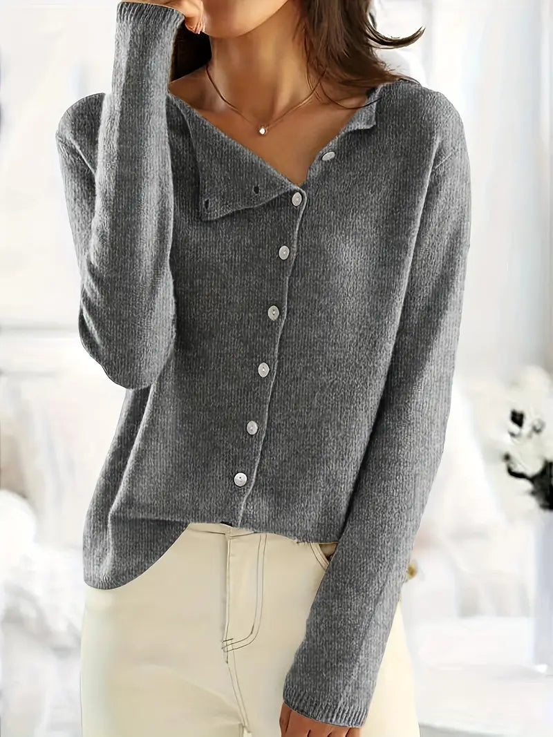 Solid Asymmetrical Buttoned Cardigan - Sienna-Dark Grey-S-State of Style