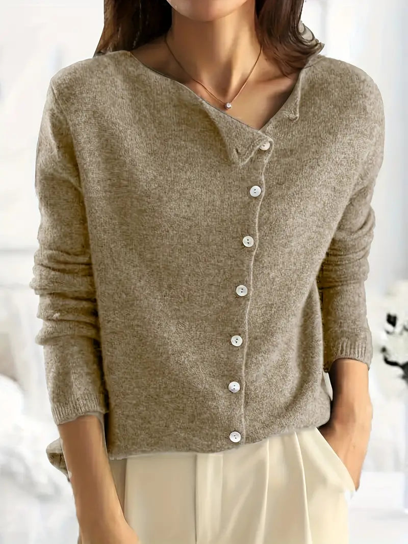 Solid Asymmetrical Buttoned Cardigan - Sienna-Khaki-S-State of Style