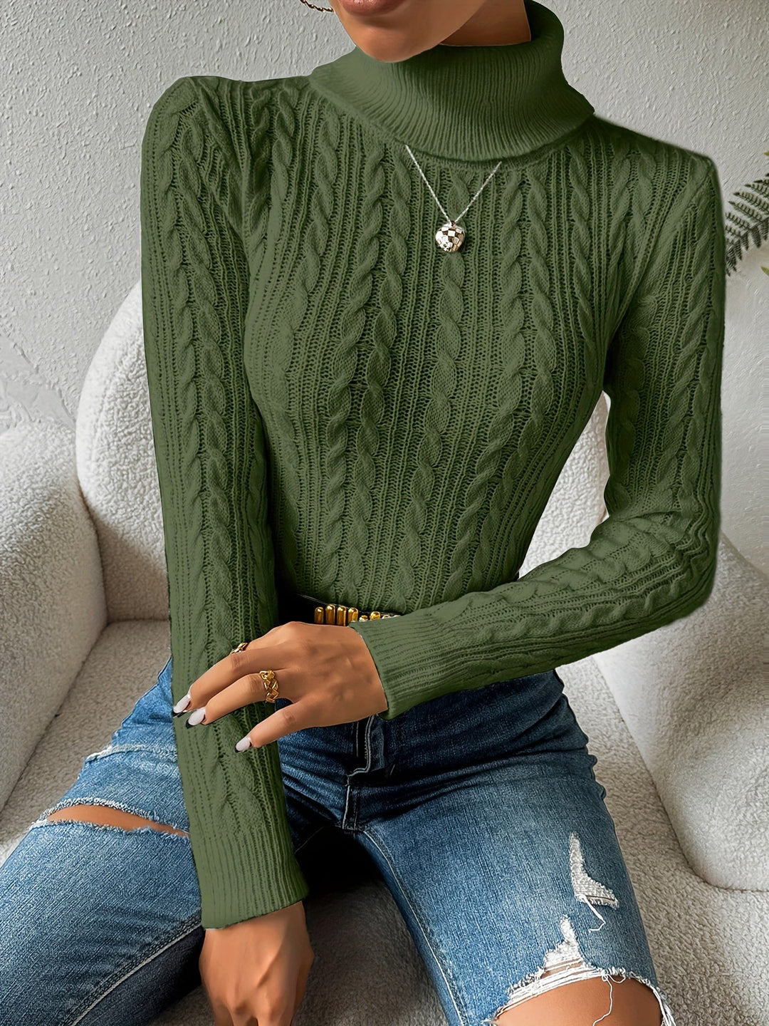 Solid Cable Knit Turtleneck Jumper for Women - Amara-Army Green-S-State of Style