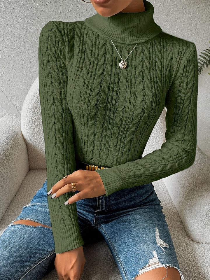 Solid Cable Knit Turtleneck Jumper for Women - Amara-Army Green-S-State of Style