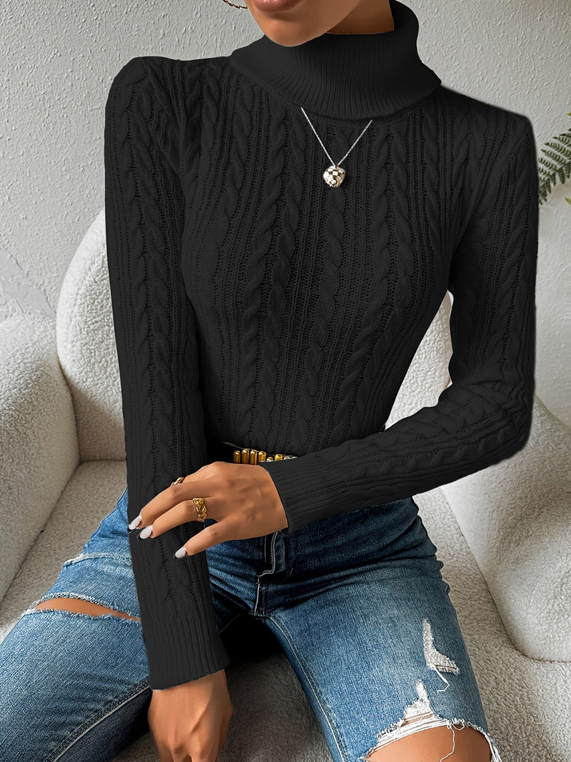 Solid Cable Knit Turtleneck Jumper for Women - Amara-Black-S-State of Style