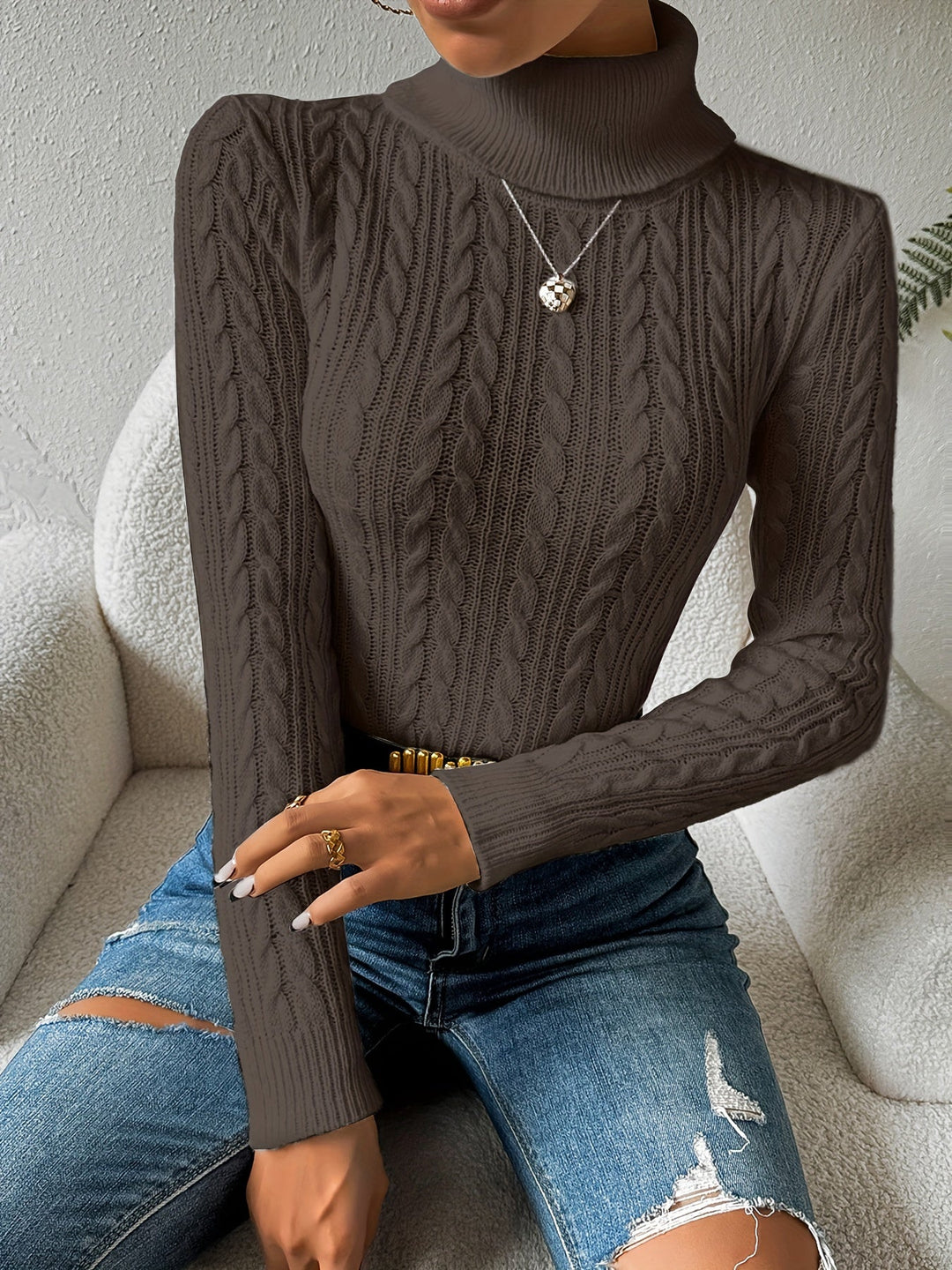 Solid Cable Knit Turtleneck Jumper for Women - Amara-Charcoal-S-State of Style