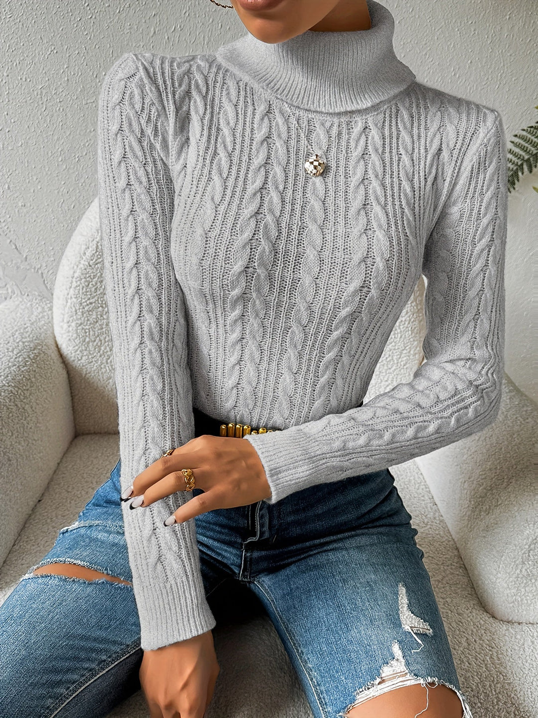 Solid Cable Knit Turtleneck Jumper for Women - Amara-Grey-S-State of Style