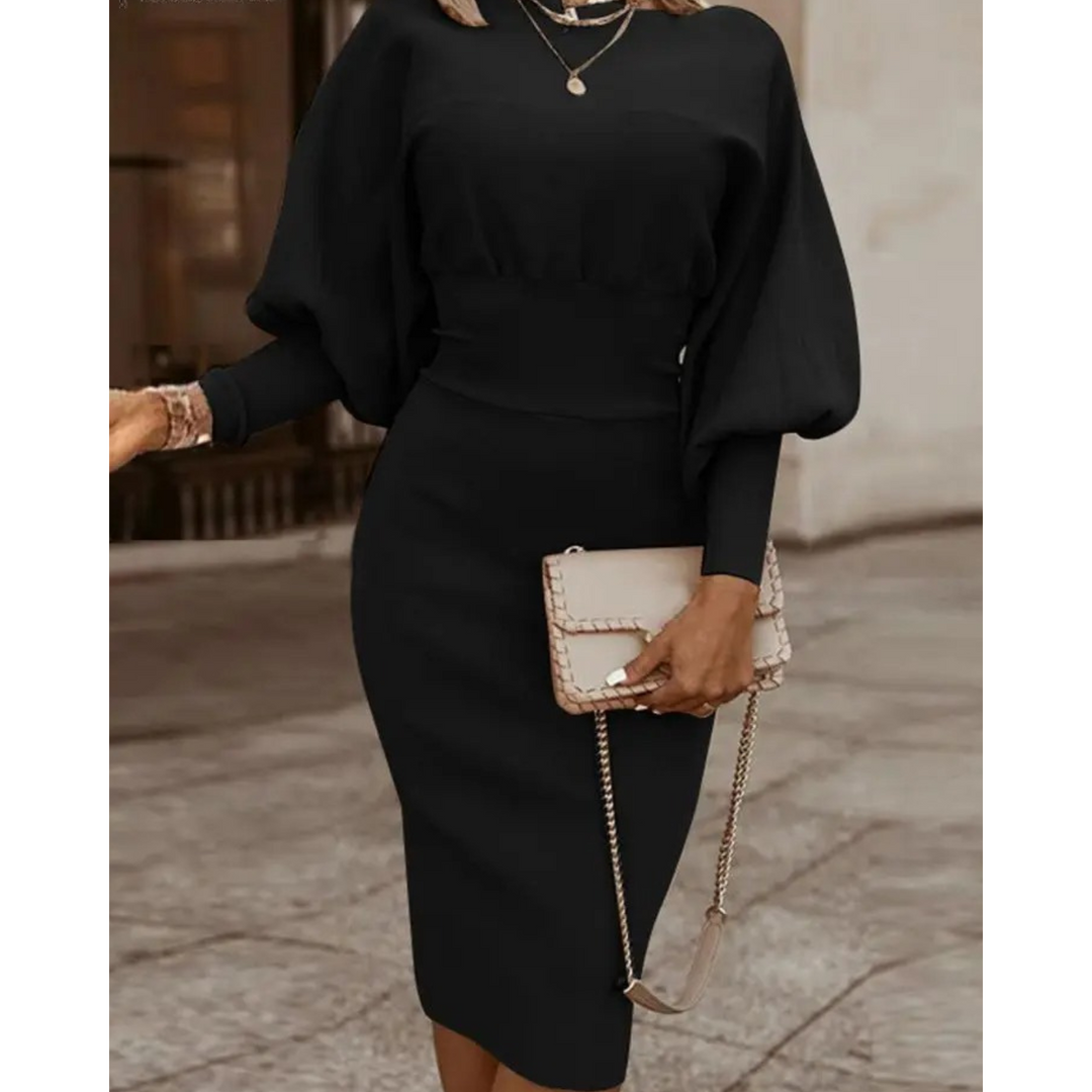 Solid Colour Cocktail Dress with Lantern Sleeves - Lena-Black-S-State of Style