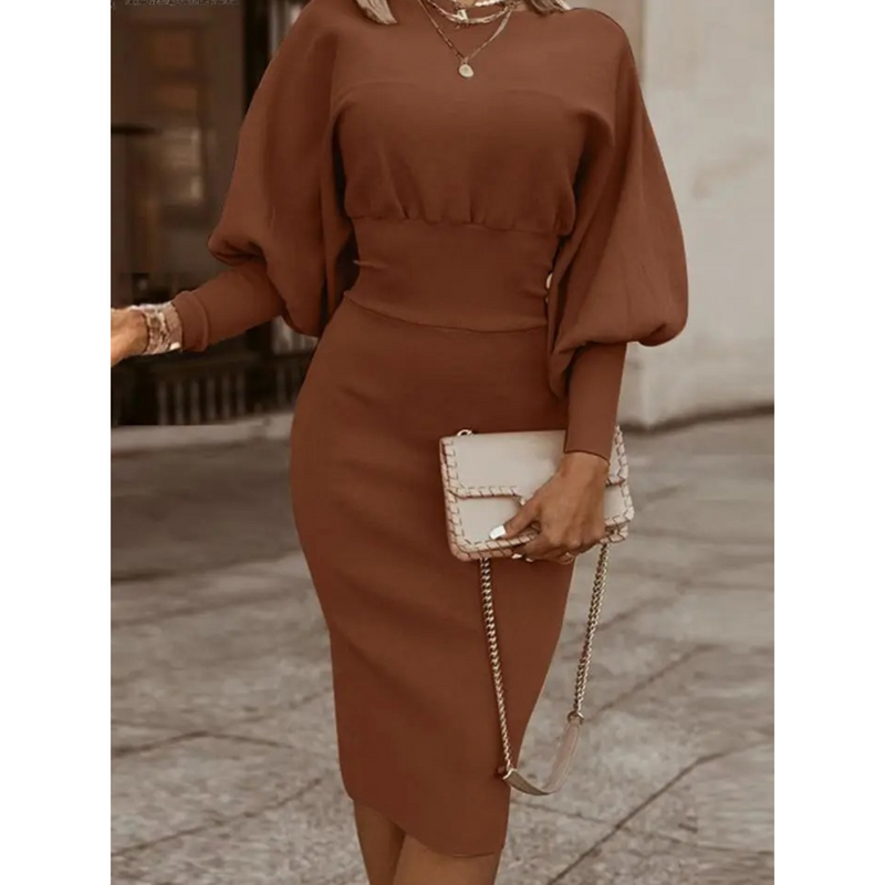 Solid Colour Cocktail Dress with Lantern Sleeves - Lena-Brown-S-State of Style