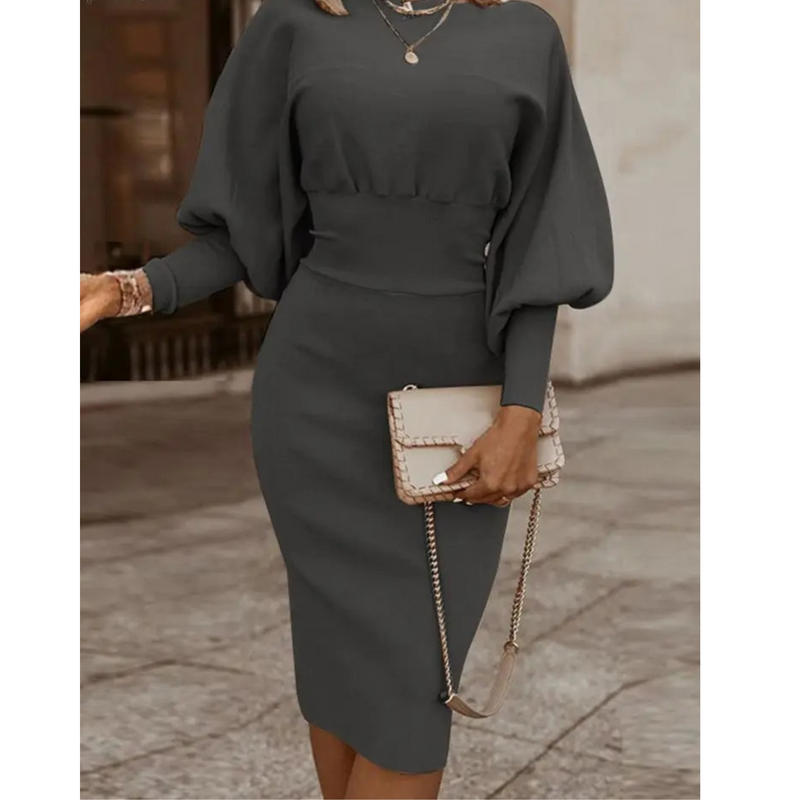 Solid Colour Cocktail Dress with Lantern Sleeves - Lena-Grey-S-State of Style
