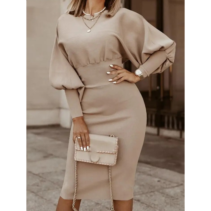 Solid Colour Cocktail Dress with Lantern Sleeves - Lena-Light Brown-S-State of Style