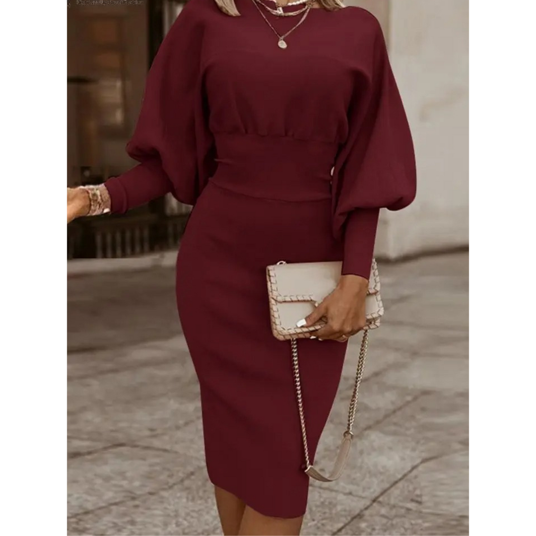 Solid Colour Cocktail Dress with Lantern Sleeves - Lena-Red-S-State of Style