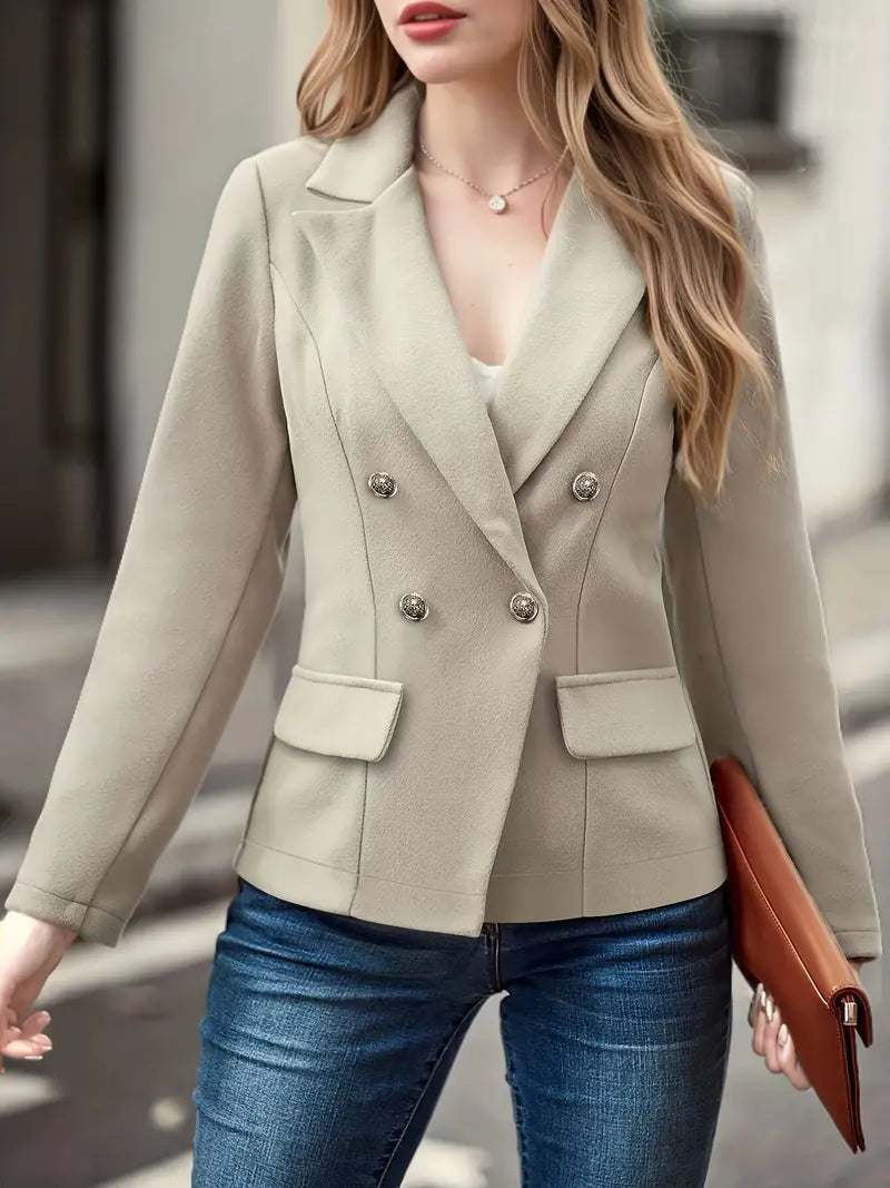 Solid Double-Breasted Blazer - Victoria-Beige-S-State of Style