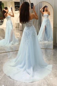 Sparkling Light Blue A-Line Corset Ball Gown with Split - Sophia-Light Blue-4-State of Style