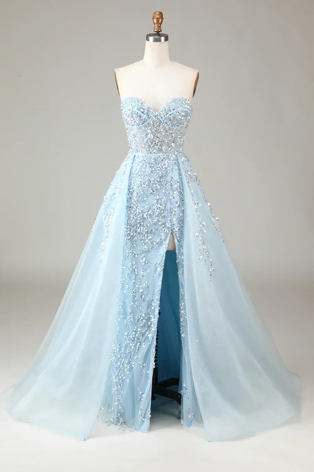 Sparkling Light Blue A-Line Corset Ball Gown with Split - Sophia-Light Blue-4-State of Style