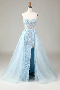Sparkling Light Blue A-Line Corset Ball Gown with Split - Sophia-Light Blue-4-State of Style