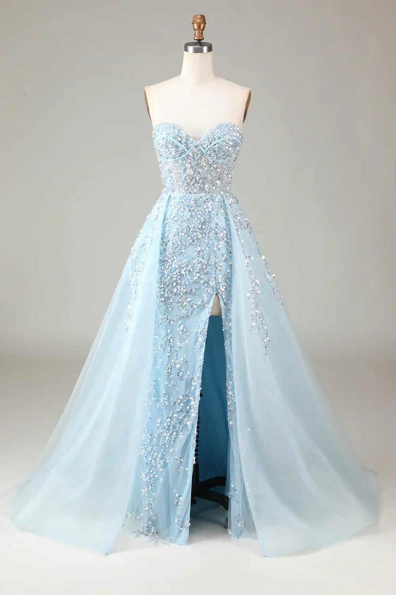 Sparkling Light Blue A-Line Corset Ball Gown with Split - Sophia-Light Blue-4-State of Style