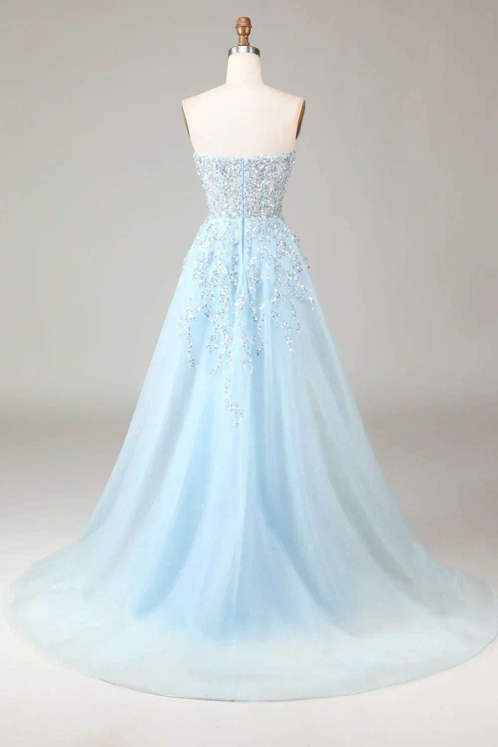 Sparkling Light Blue A-Line Corset Ball Gown with Split - Sophia-Light Blue-4-State of Style