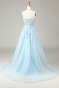 Sparkling Light Blue A-Line Corset Ball Gown with Split - Sophia-Light Blue-4-State of Style