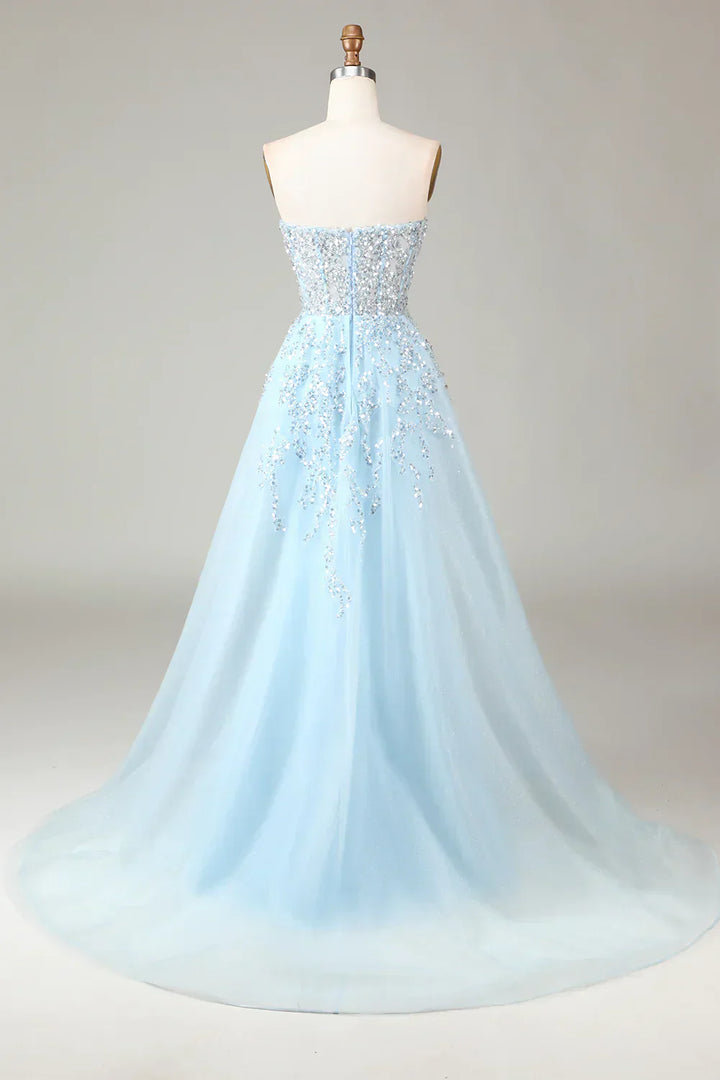 Sparkling Light Blue A-Line Corset Ball Gown with Split - Sophia-Light Blue-4-State of Style
