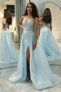 Sparkling Light Blue A-Line Corset Ball Gown with Split - Sophia-Light Blue-4-State of Style