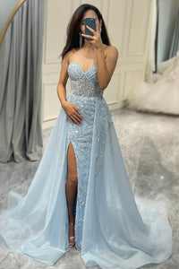 Sparkling Light Blue A-Line Corset Ball Gown with Split - Sophia-Light Blue-4-State of Style