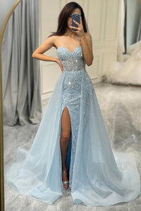 Sparkling Light Blue A-Line Corset Ball Gown with Split - Sophia-Light Blue-4-State of Style