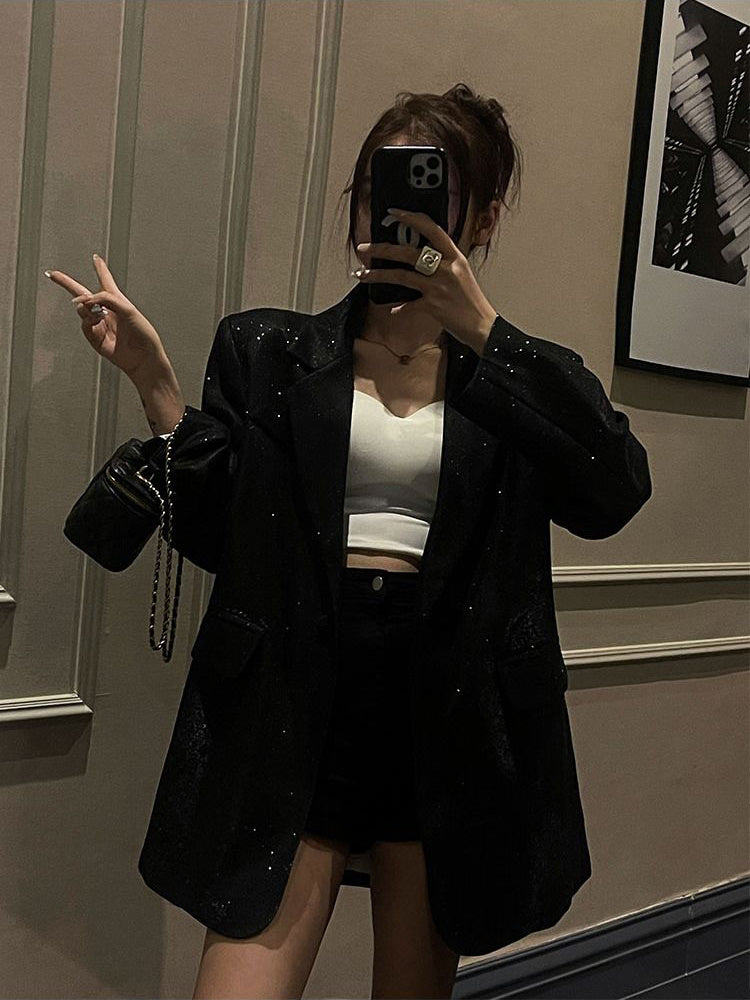 Sparkling Sequin Blazer - Celeste-Black-S-State of Style