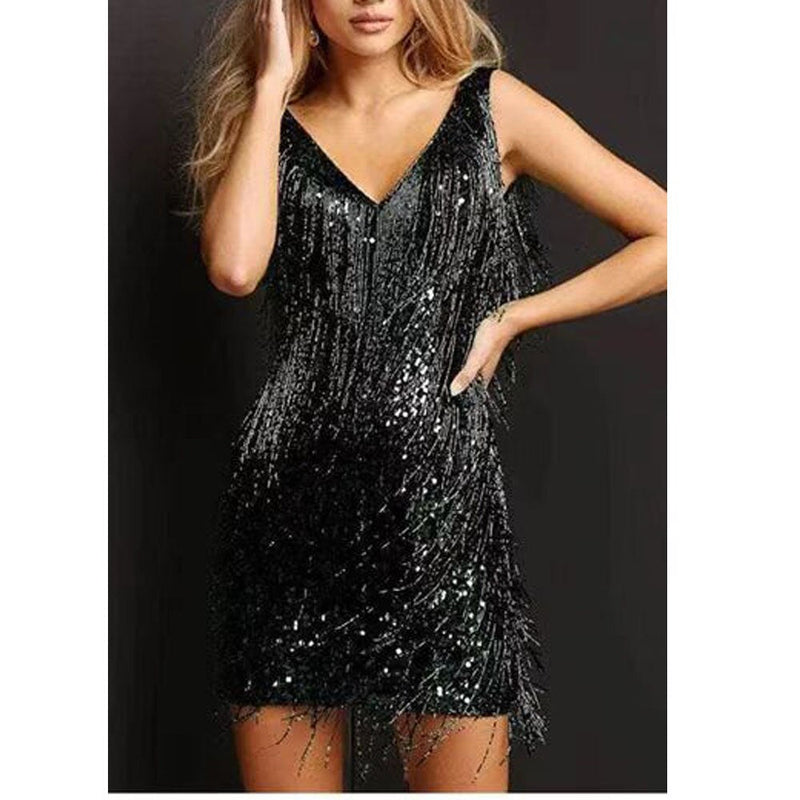 Sparkling Sequin Dress with Fringes – Celina-Black-S-State of Style