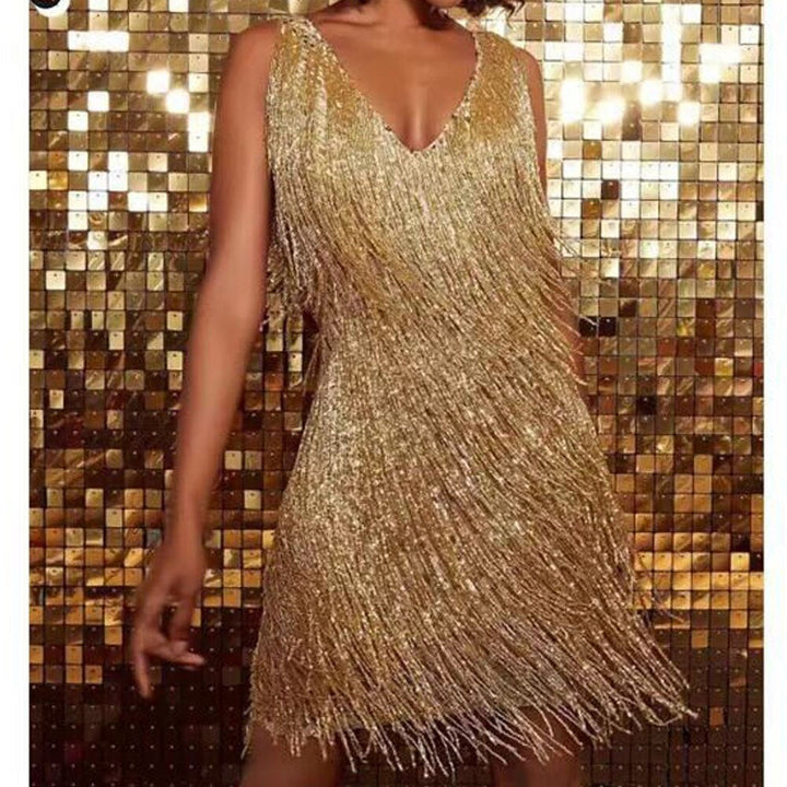 Sparkling Sequin Dress with Fringes – Celina-Gold-S-State of Style